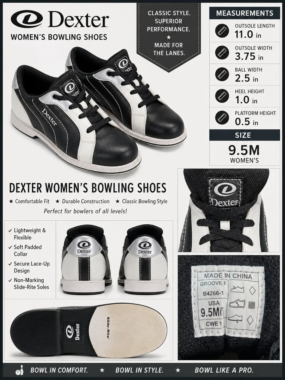 Dexter Groove I Women's Bowling Shoes | Black & White | Size 9.5M | Slide-Rite